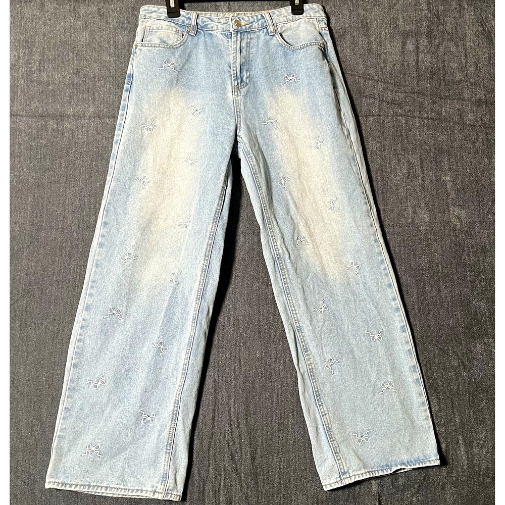 Cali 1850 Bow Embroidered Wide Leg Jeans Light Wash Women Size 11 Coquette Y2K